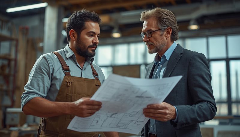 Ein Handwerker und ein Planer besprechen gemeinsam einen Bauplan in einer Werkstatt.