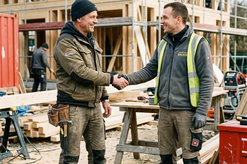 Zwei Bauleute geben sich auf einer Baustelle die Hand.